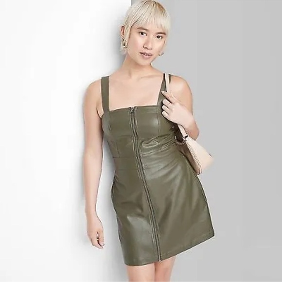 wild fable Dresses & Skirts - NWT Wild Fable Faux Leather Zip Front Pinafore Olive Dress Size XXSmall
